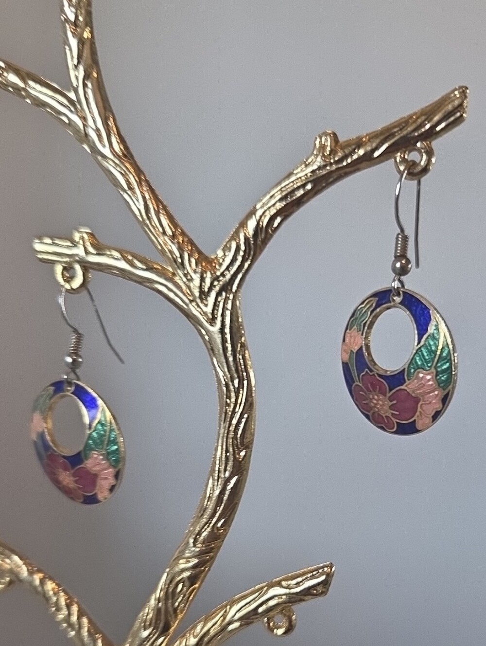 Floral Cloisonné Oval Drop Earrings - Blue, Pink & Green